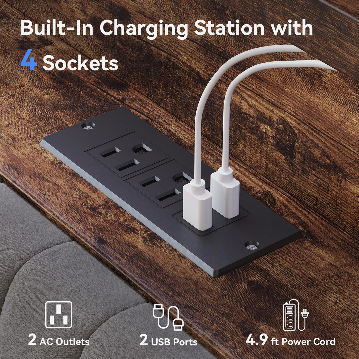 Queen Size Bed Frame with Ergonomic Storage Headboard, Solid Metal Platform Bed Frame with Charging Station and LED Light, Easy Assembly, No Box Spring Needed, Noise Free, Modern Grey Susalt