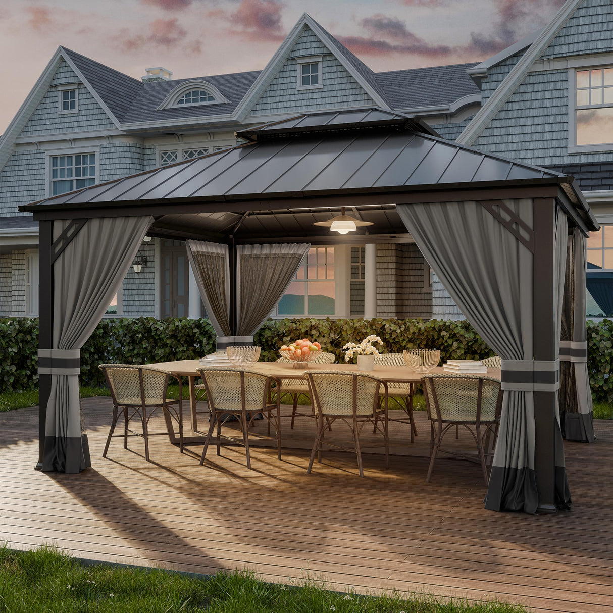 Kurapika 12' x 14' Hardtop Outdoor Metal Gazebo with Galvanized Steel Double Roof Canopy, Curtain and Netting, Aluminum Permanent Pavilion Gazebo, Grey Kurapika