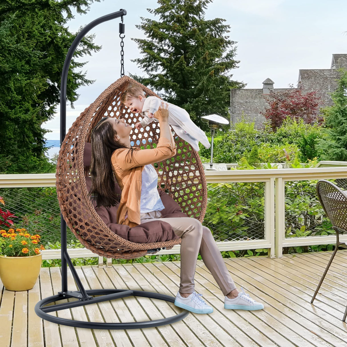 Hanging Egg Chair with Stand & Cushions, Outdoor and Indoor Hammock Rattan Swing Chair 350 lbs Capacity with Aluminum Steel Frame for Patio, Balcony, Backyard and Living Spaces (Dark Brown) hohoedc