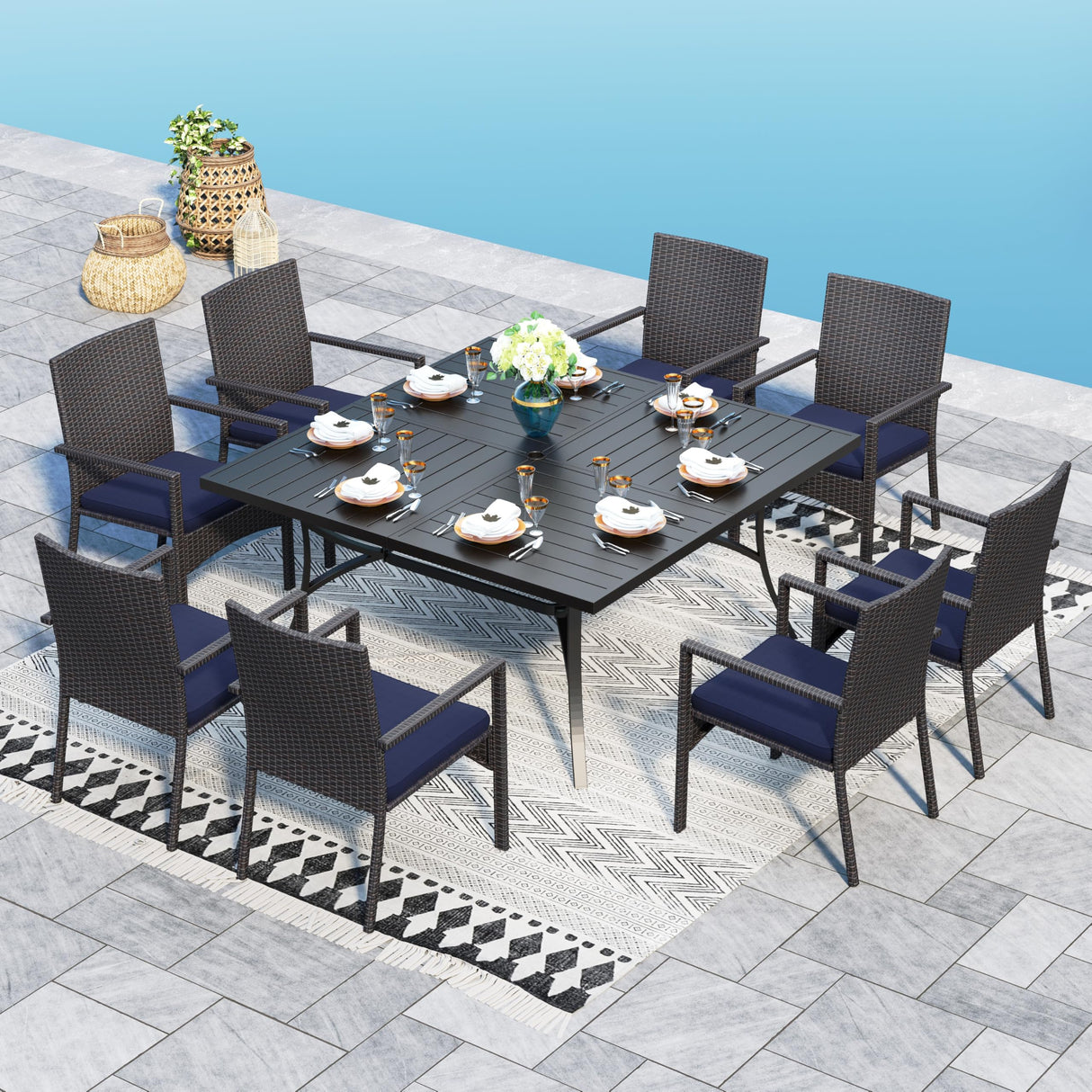 Sophia & William 9 Pieces Patio Dining Set for 8, 60" Large Square Patio Table and Rattan Chairs Set, All Weather Outdoor Dining Set, 8 People Metal Patio Table Set for Outside, Black Tabletop Sophia & William