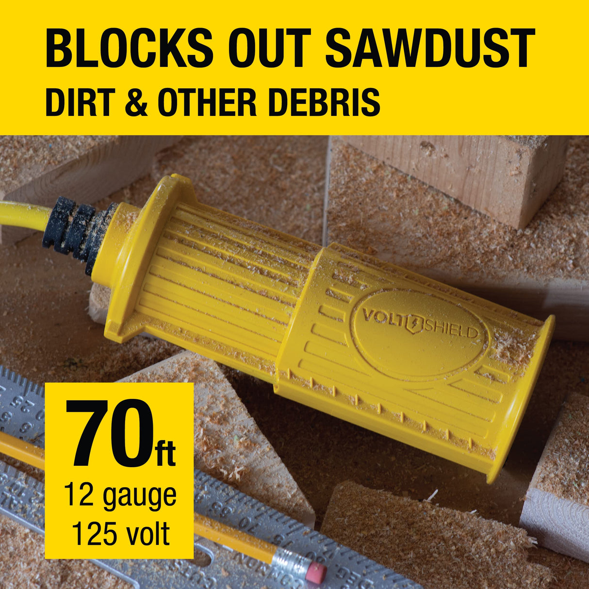 VoltShield 70 ft 12/3 SJTW Heavy Duty All-In-One Weather Protection Extension Cord, Water, Weather & Kink Resistant, Flame Retardant, Yellow, 3 Prong Grounded Plug, Locks Cord Preventing Disconnection VoltShield