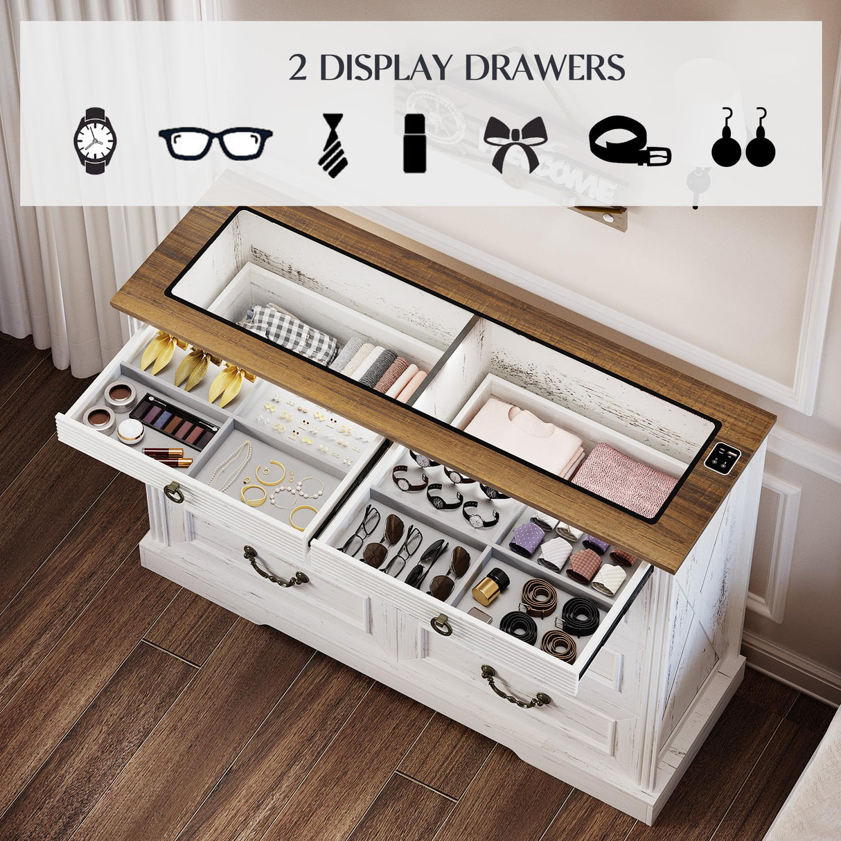 Lareth Farmhouse 6 Drawer Dresser for Bedroom 47 inch Wooden Double Chest of Drawers with Glass Top LED Lights Charging Station One Hidden Drawer Closet Dresser Tv Stand for Living Room, Antique White Lareth