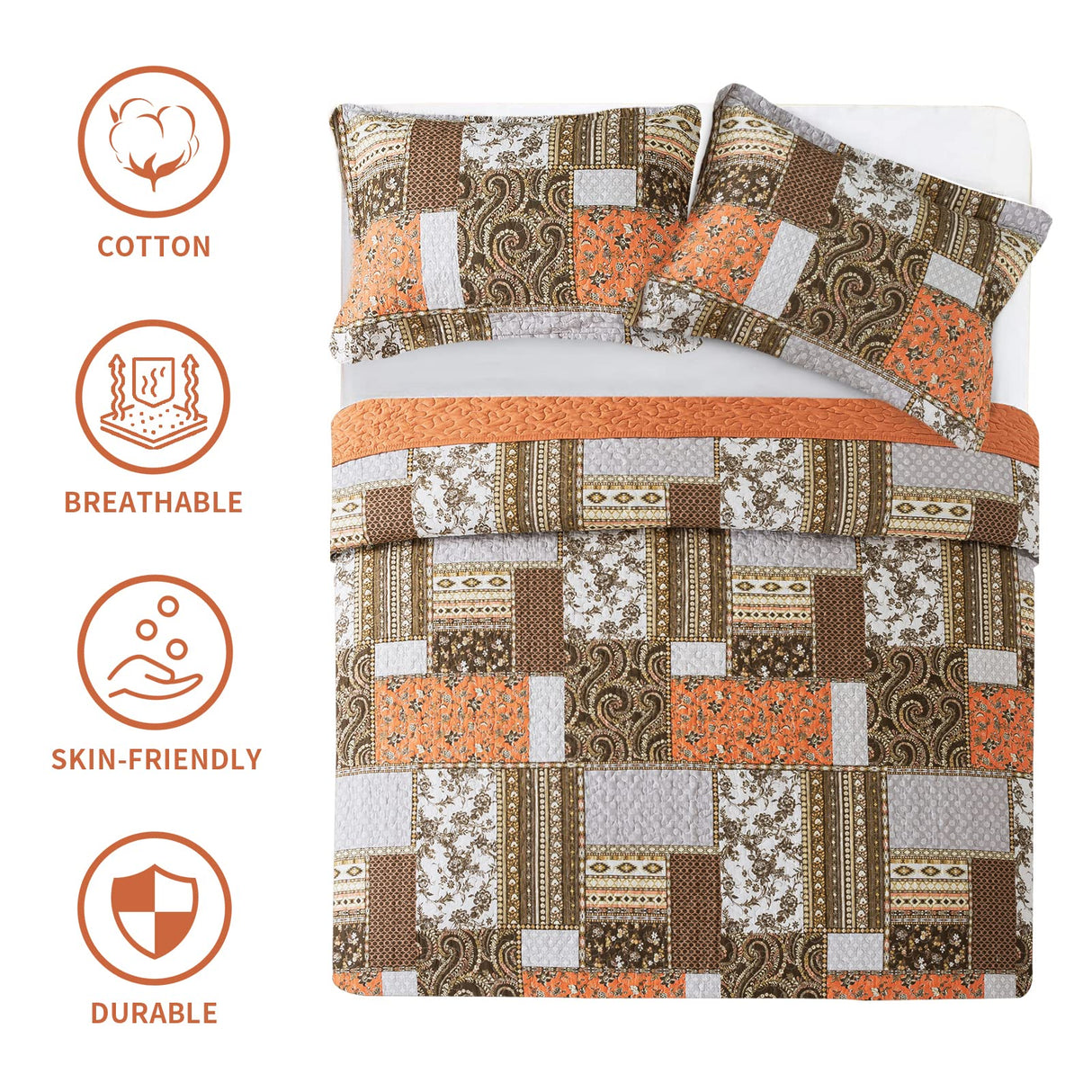 BEDIFANY Farmhouse Cotton Quilts Queen Size for Fall - Lightweight Patchwork Autumn Bedspread Set for Bed Coverlet - Highly-Woven Soft Reversible Bed Spread for All Seasons (Floral Orange) 3 Pieces BEDIFANY