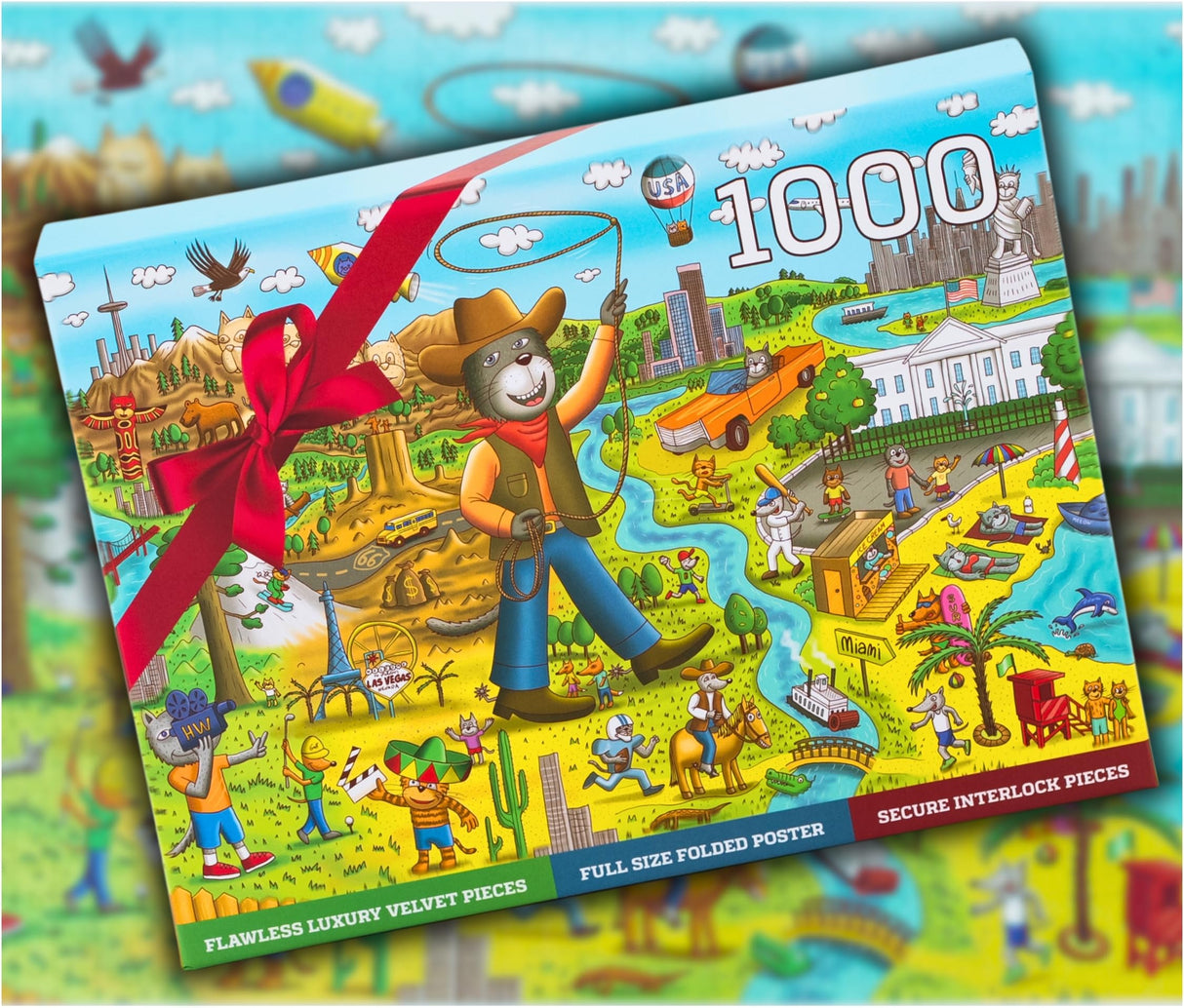 Pawsome America by Gerjato | 1000 Piece Puzzle for Adults, Family and Kids – 20x30 Inch HD Puzzles for Adults 1000 Pieces with a Silky Matte Finish | Fun Unique USA Puzzle Gift Box with 1:1 Poster Gerjato