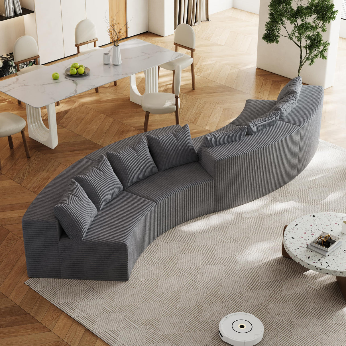KEIKI Corduroy Curved Sectional Sofa, 4 Seater Symmetrical Modular Semi Circular Couch, Deep Seat Tufted Corner Sofa for Living Room, Lobby, Gray KEIKI