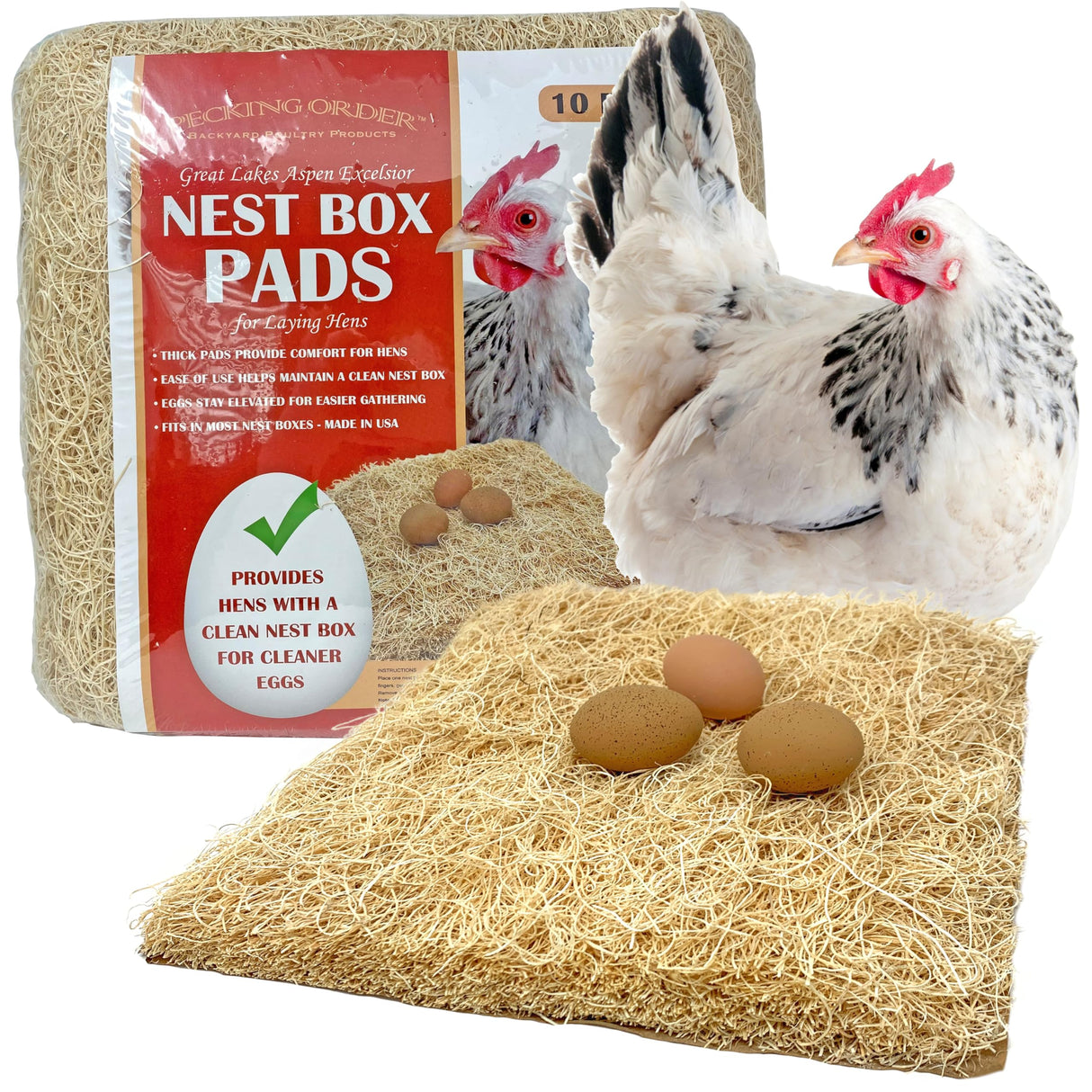 Nest Box Pads for Chicken Nesting Boxes - 13 x 13 Pads Made in USA from Sustainably Sourced Aspen Excelsior (10 Pack) Pecking Order