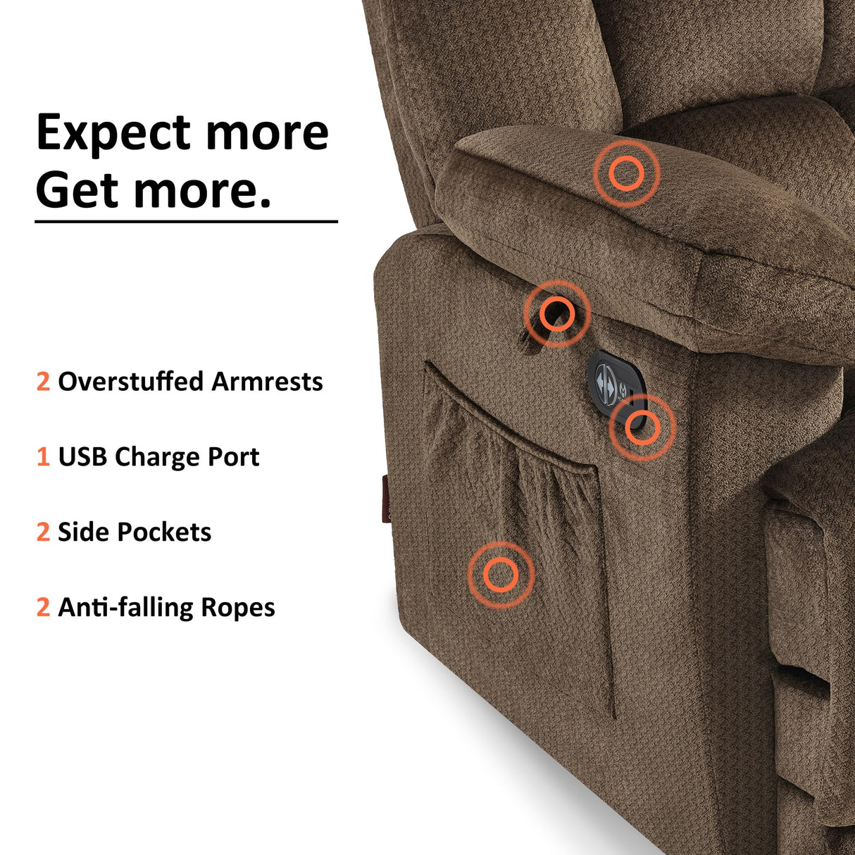 MCombo Zero Gravity Power Recliner Chair with Heat and Vibration Massage, Reclining Chair with USB Ports, Cup Holders for Living Room, Fabric R6233 (Brown) MCombo