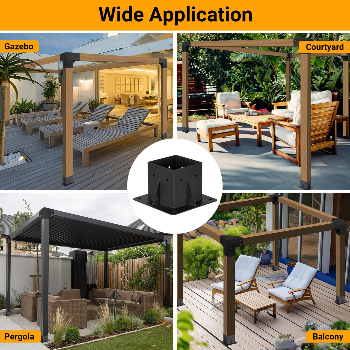 Neorexon Pergola Bracket Kit Elevated Wood Stand Kit Woodwork 4" x 4" (Actual 3.5" x 3.5"), Solid Steel Wooden Gazebo Kit for Outdoor, DIY Pergola Hardware Kit 4 PCS Base Brackets Neorexon