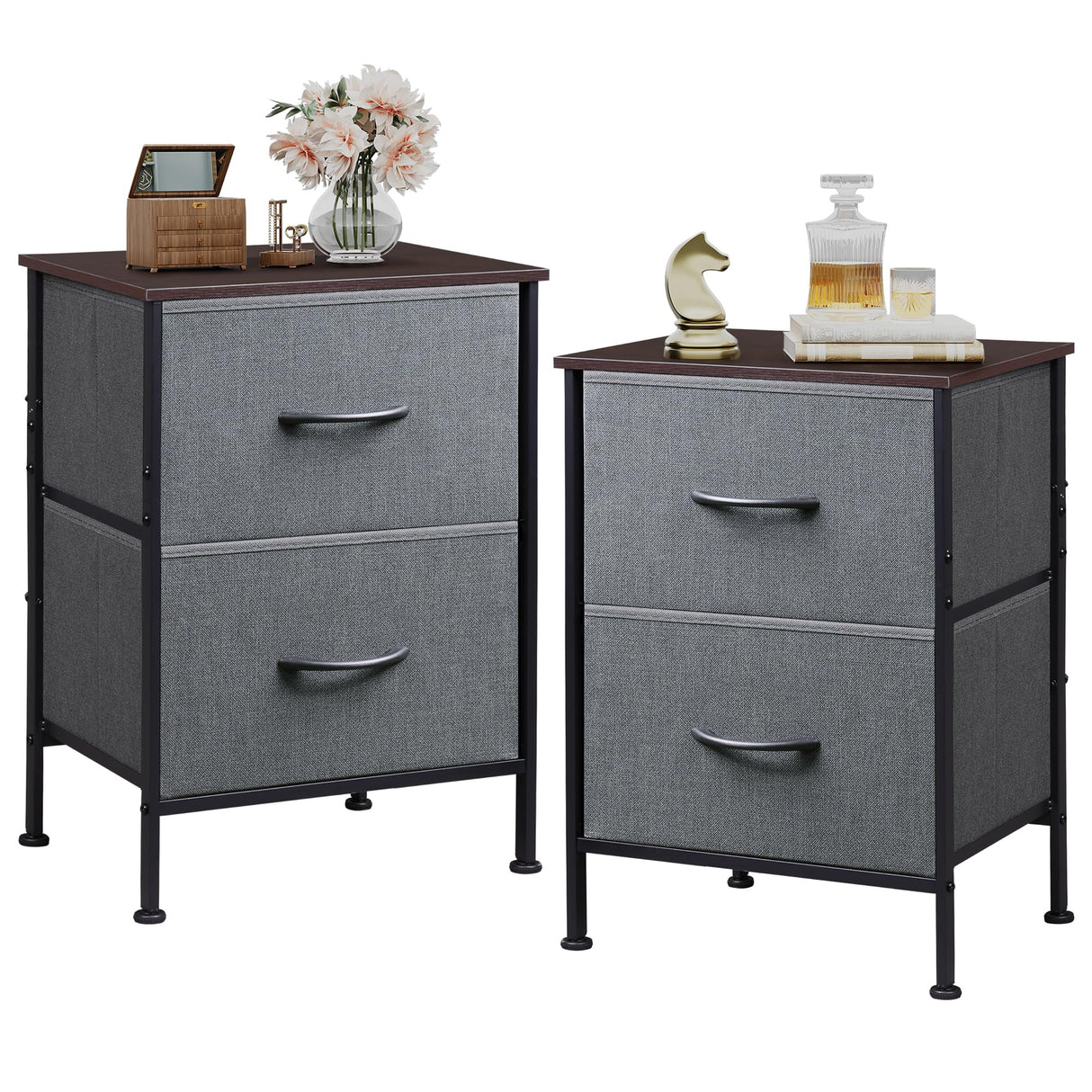WLIVE Night Stand Set 2, Dresser and Nightstand Sets, Small Dresser for Bedroom with 2 Drawers, End Table with Fabric Bins for Closet, Bedside Furniture, College Dorm, Dark Grey WLIVE
