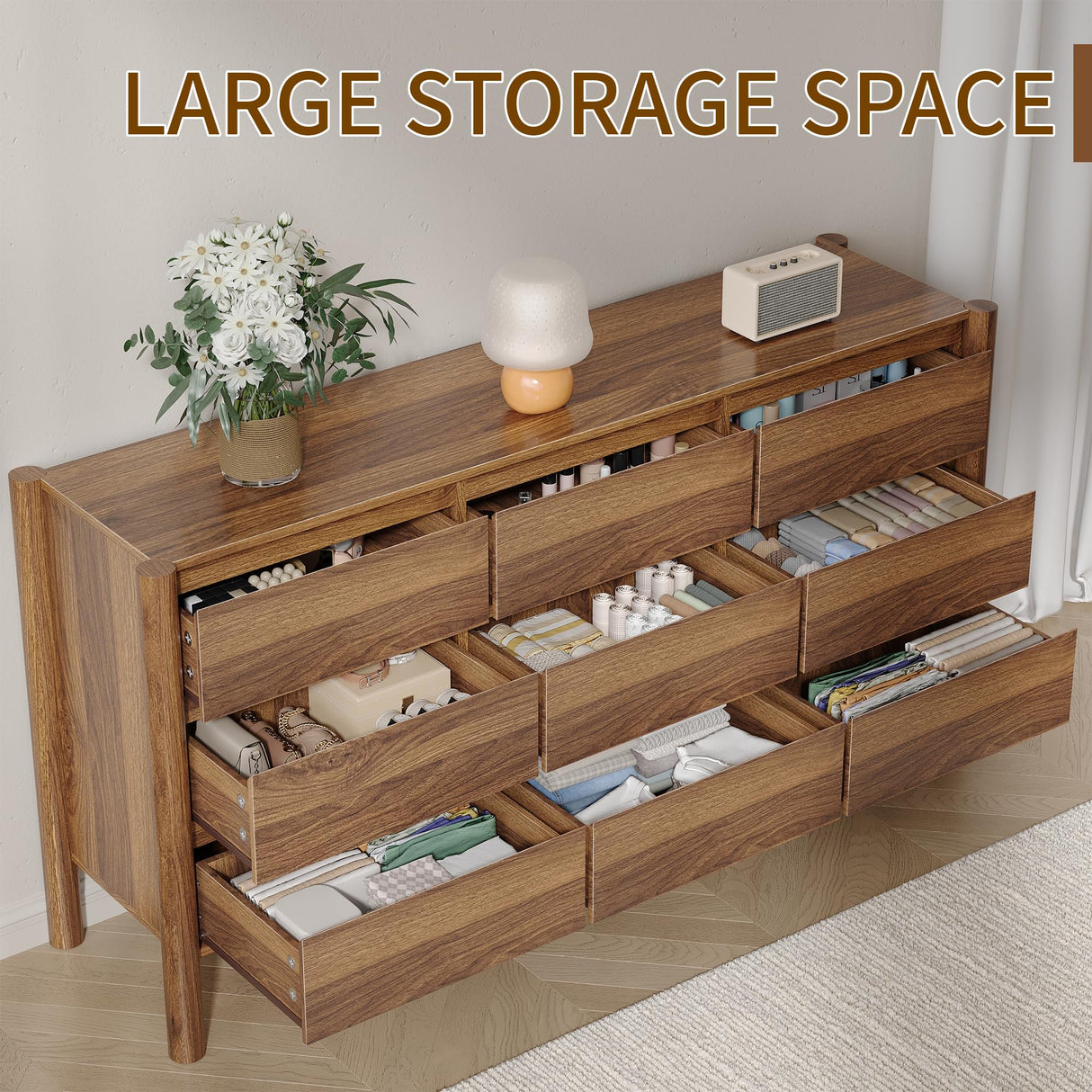 CHUWELL Walnut Dresser for Bedroom, 63" Wide Mid Century Modern Chest of Drawers with 9 Large Storage Space and 4 Solid Wood Cylindrical Legs, 9 Drawer Large Dresser for Bedroom(Walnut) CHUWELL