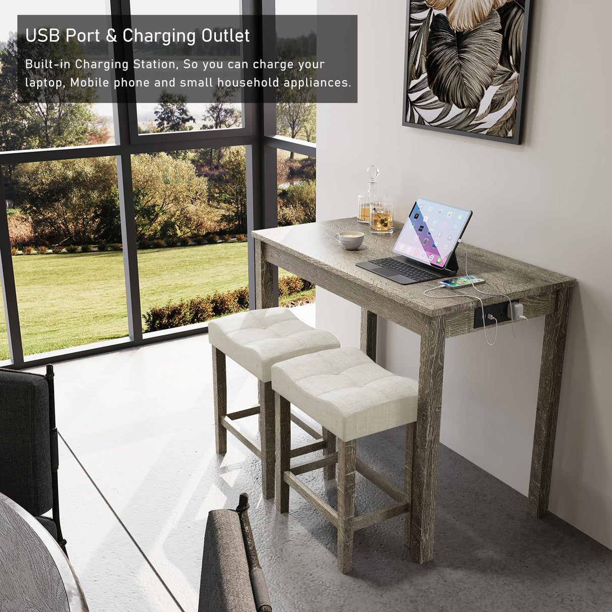 3-Piece Allamazing Natural Counter Height Bar Table Set with USB Ports and 2 Fabric Padded Stools allamazing