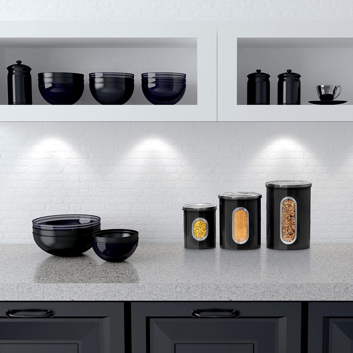 Mixpresso 3 Piece Black Canisters Sets For The Kitchen, Kitchen Jars With See Window, Airtight Coffee Container Tea Organizer & Sugar Canister, Kitchen Canisters Set of 3 Black Kitchen Décor Mixpresso