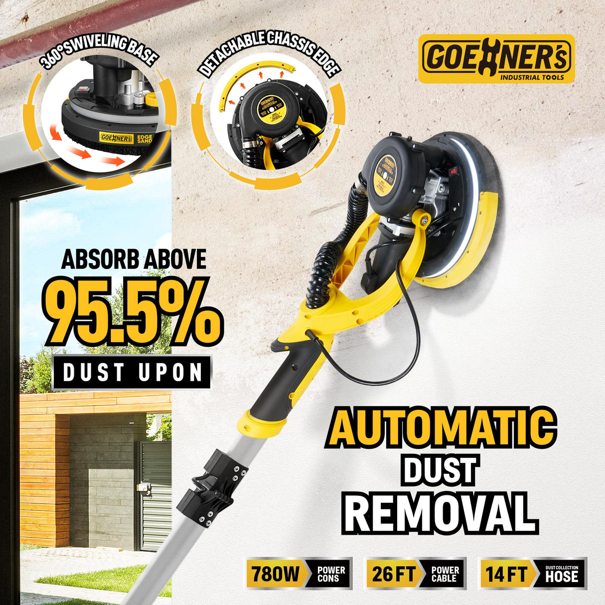 Drywall Sander, Electric Drywall Sander with Vacuum, Automatic Dust Removal, 7 Variable Speed, 900-1800RPM, 26’ Power Cord, Labor-Saving Handle and Patented Fixture for Ceiling Sanding, LED Light Gioventù