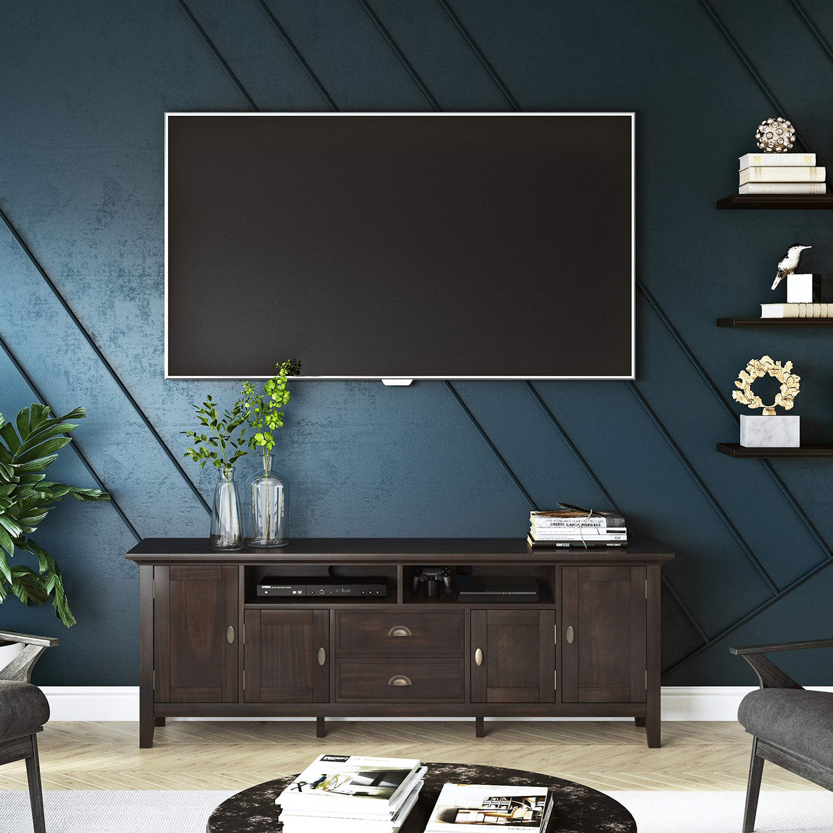 SIMPLIHOME Redmond SOLID WOOD Universal TV Media Stand, 72 Inch Wide, Transitional, for Flat Screen TVs up to 80 Inch in Brunette Brown SIMPLIHOME