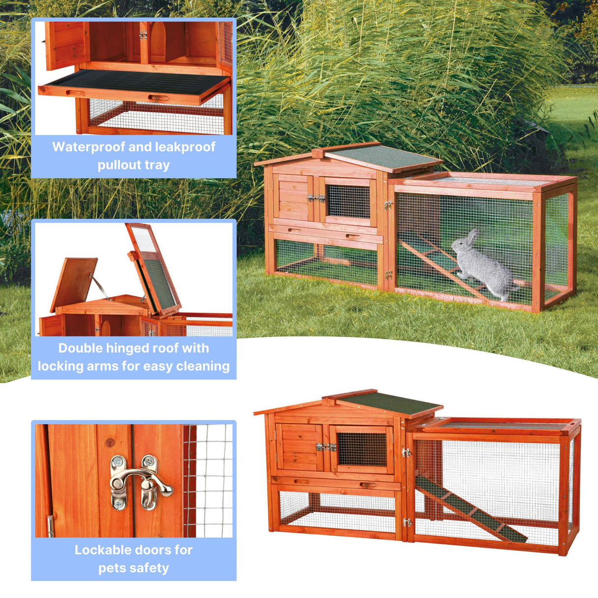 TRIXIE natura Outdoor Rabbit Hutch with Run - Small Elevated Rabbit Cage with Non-Slip Ramp - Small Animal House with Large Playpen, Hinged Roof & Pull-Out Tray - in Natural TRIXIE