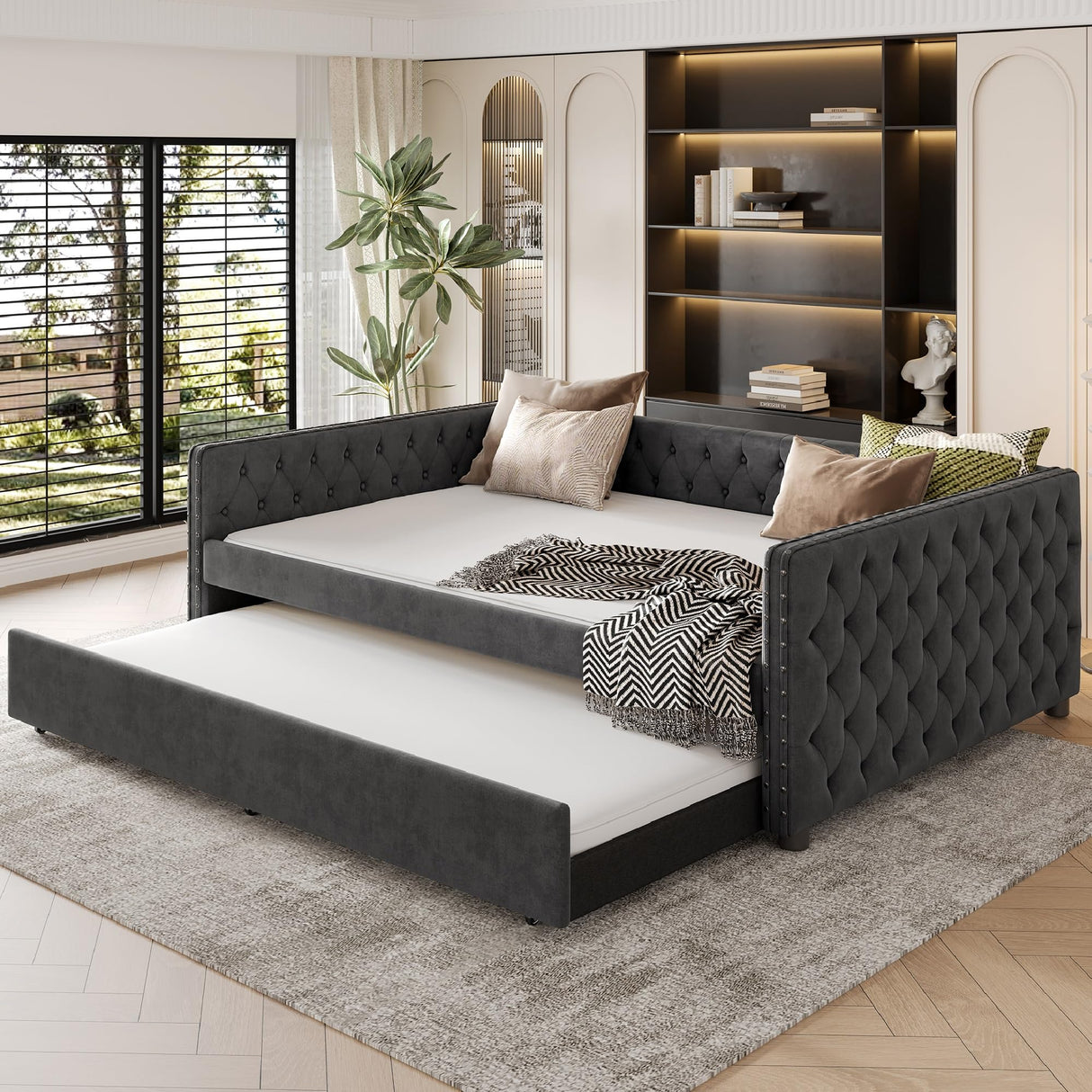 KEIKI Full Size Upholstered Daybed, Tufted Sofa Bed Frame with Trundle, Corner Day Beds Full for Living Room, Bedroom and Guest Room, No Box Spring Needed, Button & Copper Nail on Square Arms, Gray KEIKI