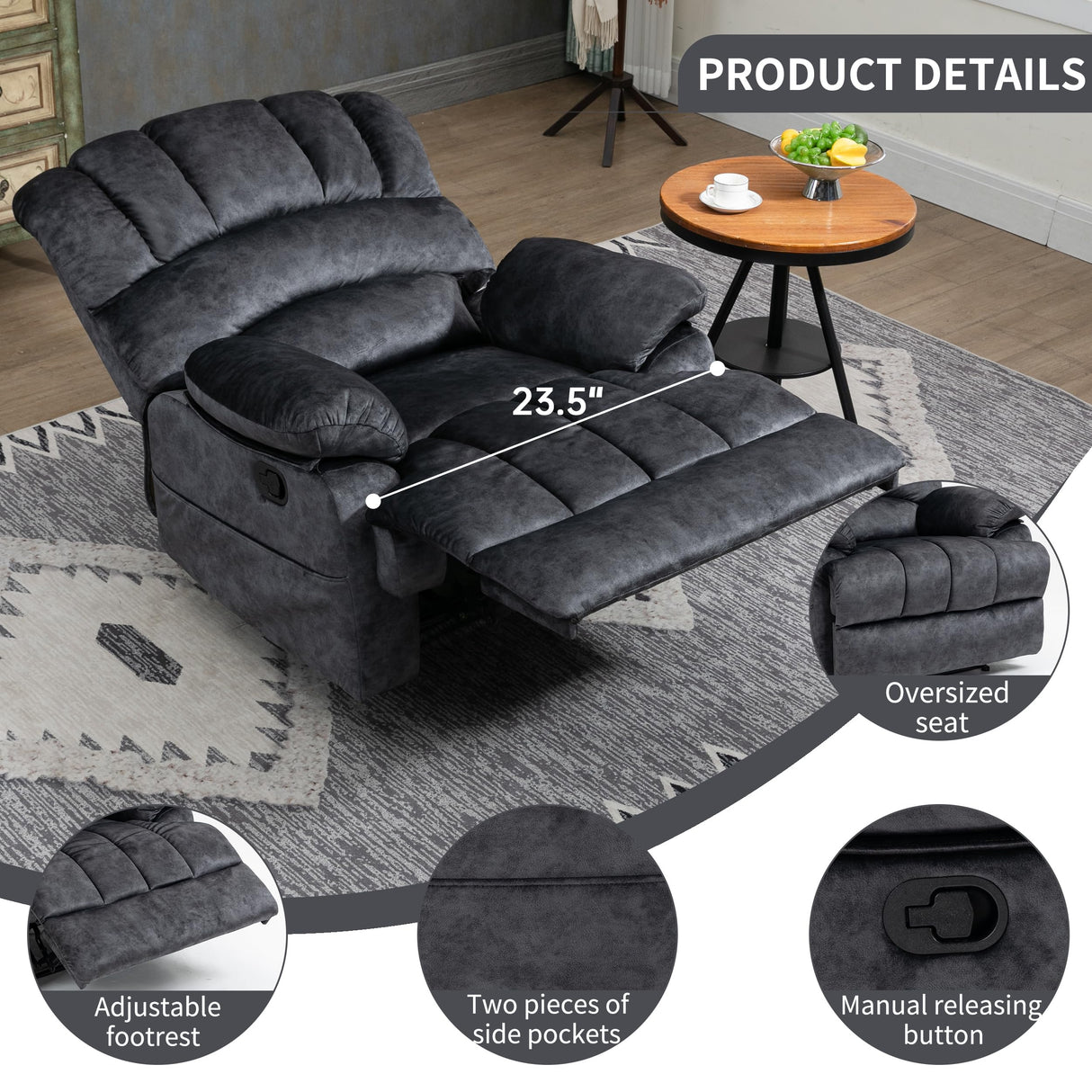 Luxlen Large Manual Recliner Chair,Soft Fabric Push Back Recliner with Overstuffed Armrest and Backrest, Living Room Single Sofa Recliners,Grey Luxlen