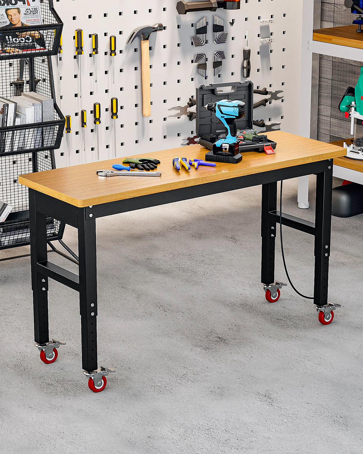 GarveeTech 60 Inch Work Benches for Garage, Adjustable Height Work Table with Power Outlets, 2000 LBS Capacity Rubber Wood Top Heavy Duty Workbench for Cutting Wood Woodworking Shop Home Office GarveeTech