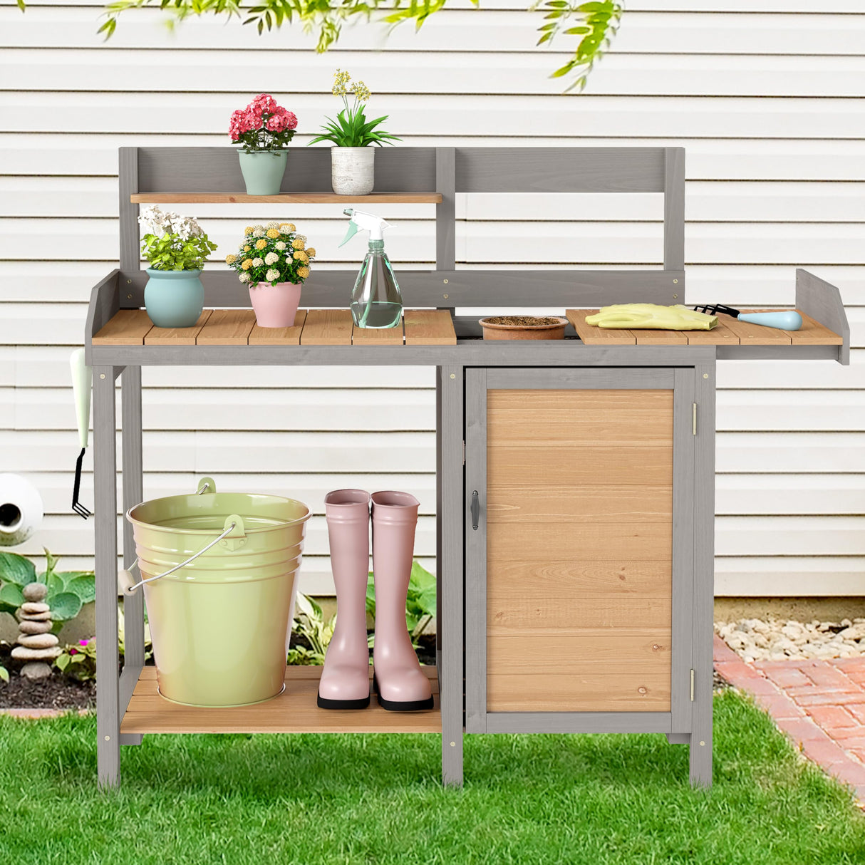 Wooden Potting Bench Table with Sink,Outdoor Garden Table Work Bench with Storage, Workstation for Outside Patio Lawn SoliWood