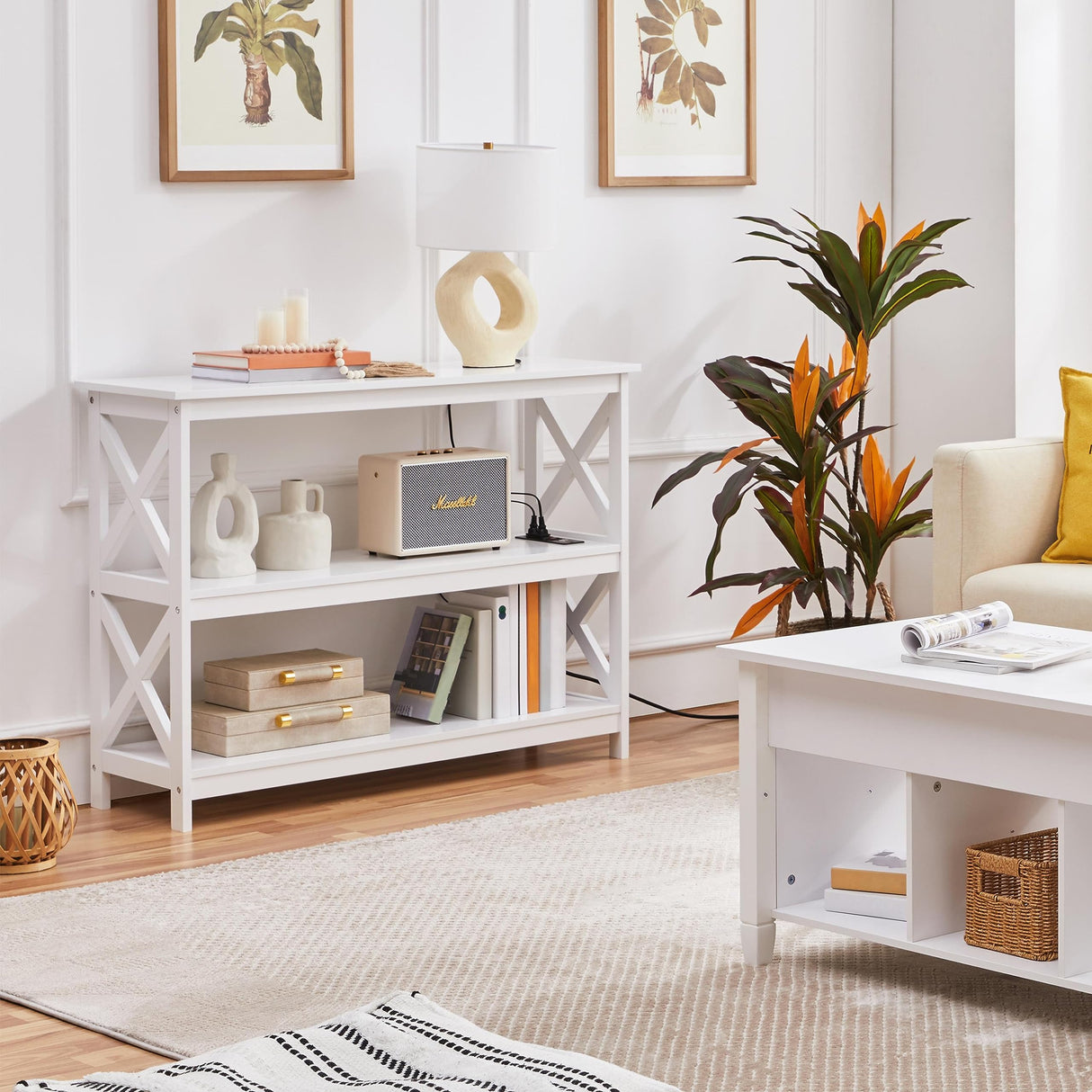 Yaheetech TV Stand with Power Outlet, Entertainment Center for TV up to 45 inch, 3-Tier Open Storage Shelf, Media Console Table for Living Room Bedroom, White Yaheetech