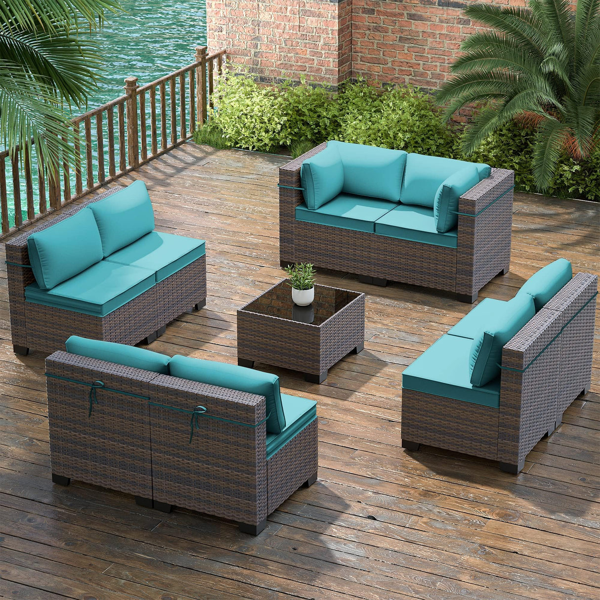 Gotland 9 Pieces Patio Furniture Set with 1 Coffee Table, Wicker Outdoor Sectional with 29.5'' High Backrest Waterproof Cushions, Conversation Sets in 4 Combinations for Deck Garden Pool Blue Gotland