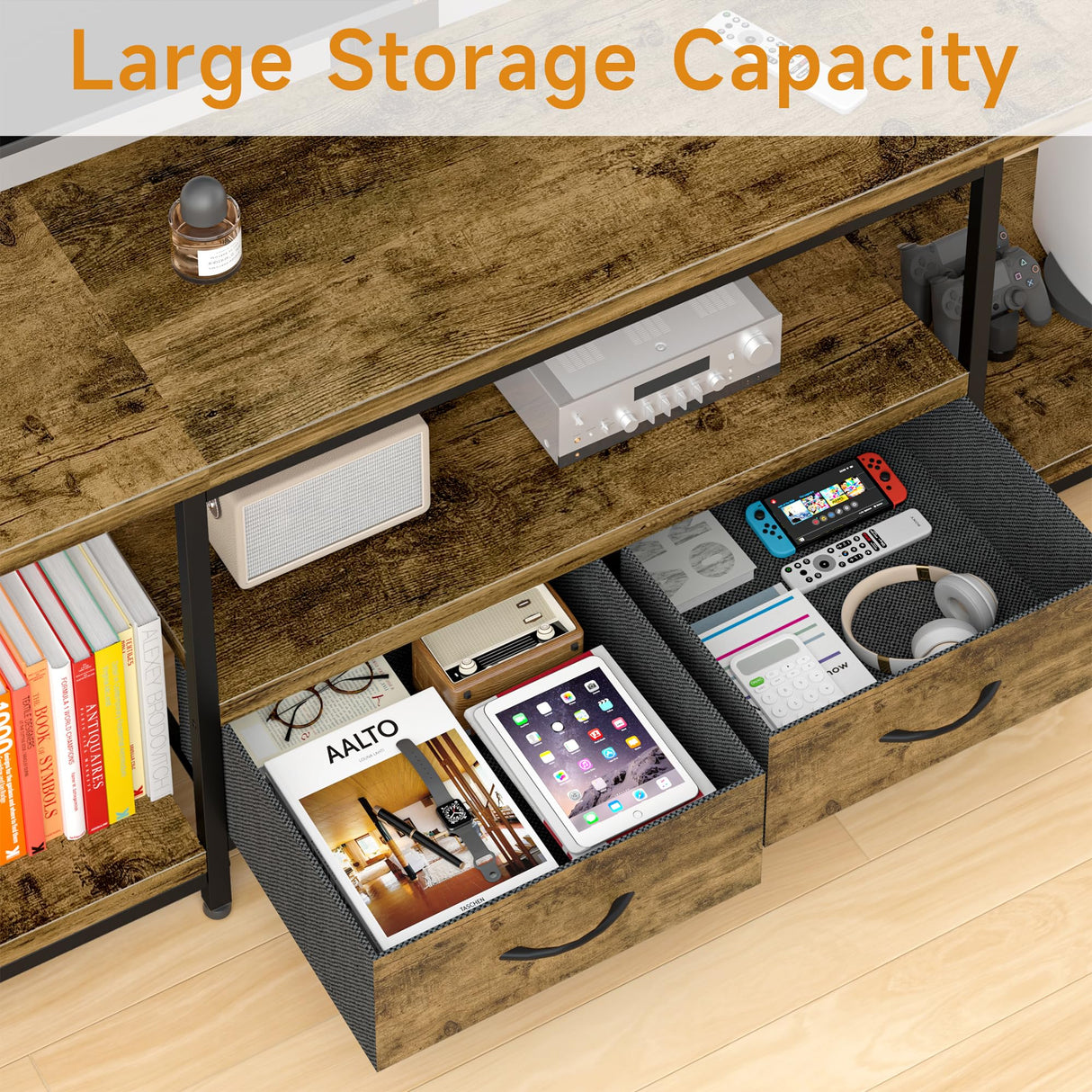 TV Stand with Mount and Fabric Drawers for 32-80 Inches TV - Entertainment Center and Industrial TV Console Table with Open Storage Shelves for Living Room, Bedroom - 63" Rustic Brown GYIIYUO