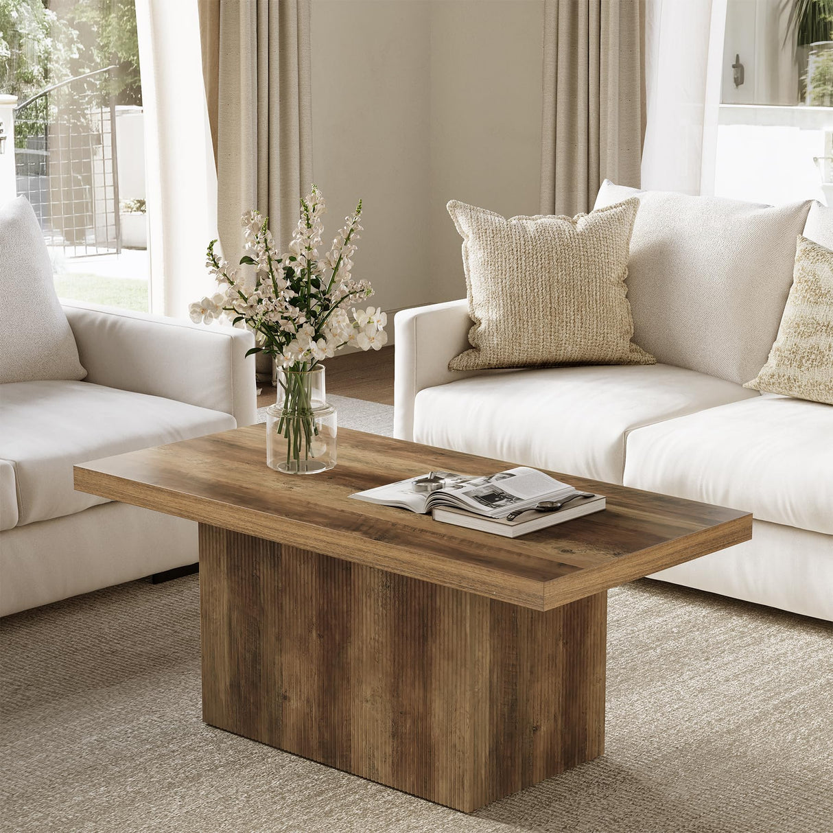 47-Inch Large Coffee Table with Pedestal, Living Room Center Table Rectangle Thickened Tabletop, Farmhouse Low Cocktail Tea Furniture for Living Room, Apartments, Rustic Brown LITTLE TREE