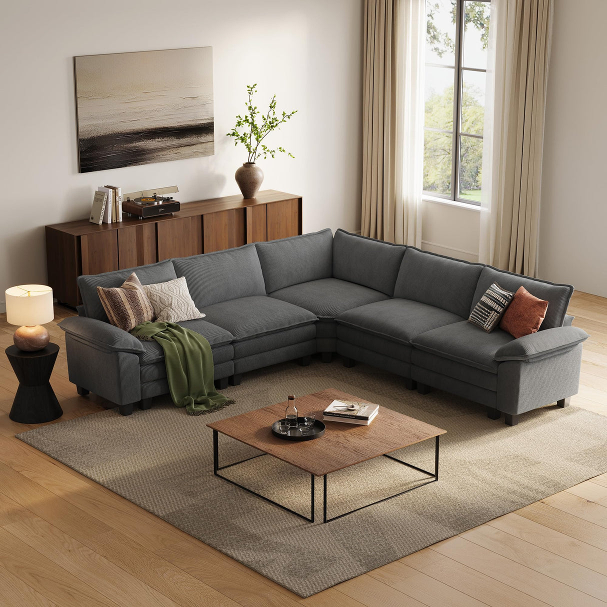 LINSY HOME Modular Sectional Sofa Couch Corduroy Cloud Couches for Living Room, V-Shaped Cloud Couch Sectional Sofas for Bedroom and Apartment, Grey LINSY HOME