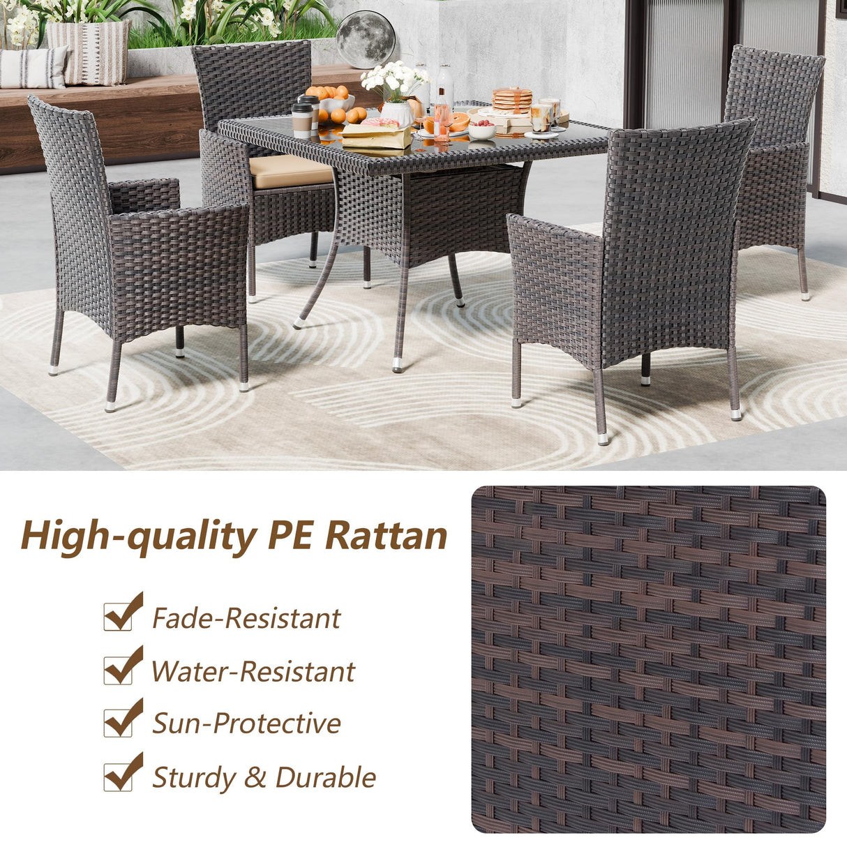 Kullavik 10-Piece Outdoor Dining Set Patio Rattan Furniture Set,Patio Dining Table and Chairs Set with 8 Chairs and Cushions,Square Glass Tabletop with Umbrella Hole for Patio,Backyard,Garden,Sand Kullavik