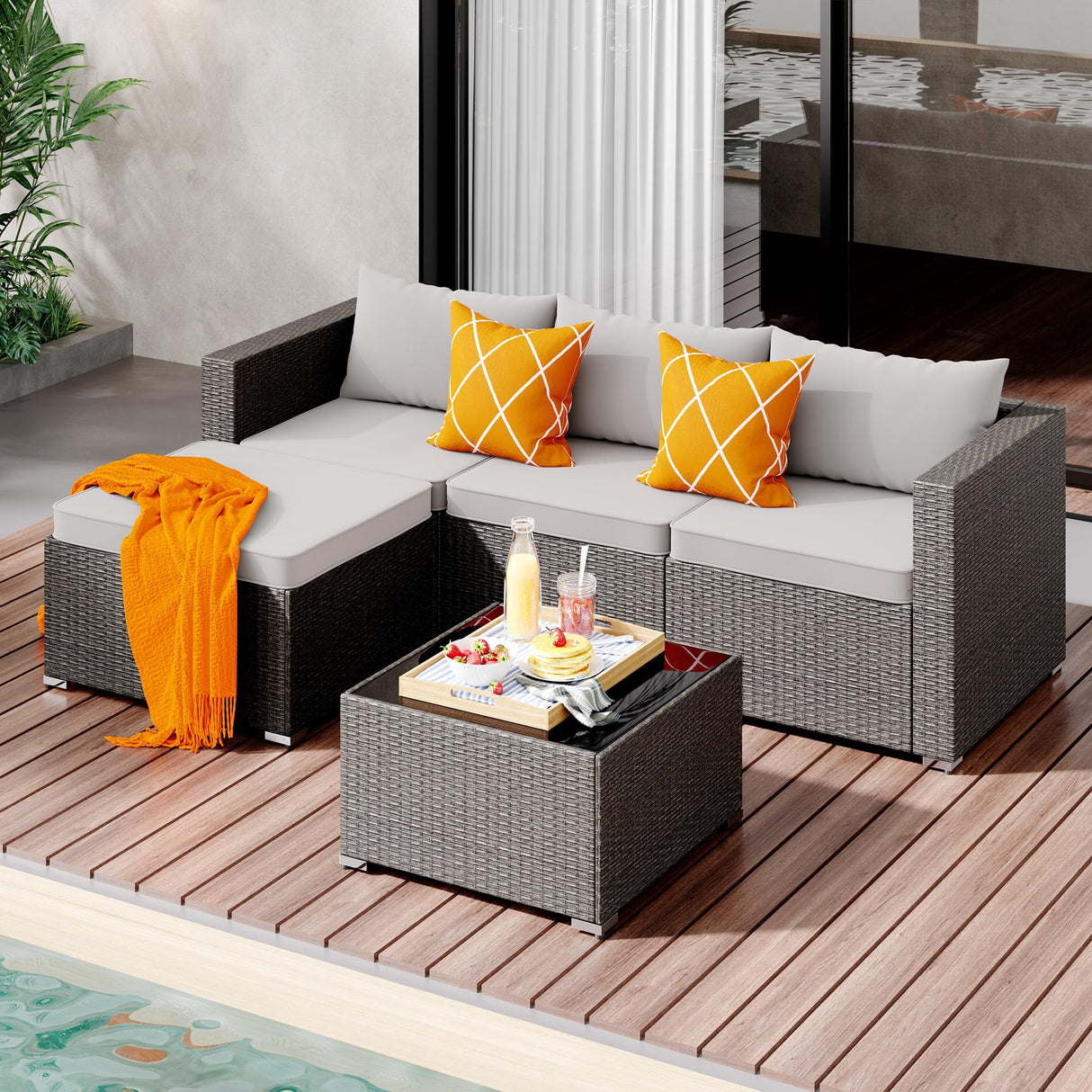 Nalupatio Patio Furniture Set,5 Piece Outdoor Patio Conversation Set All Weather Patio Sofa Manual Weaving Wicker Rattan Sectional Sofa with Washable Cushions & Glass Table for Poolside,Backyard-Gray Nalupatio
