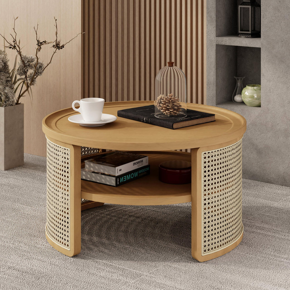 GDFStudio 31.5" Modern Round Coffee Table, 2-Tier Natural Wood Coffee Tables with Rattan Storage Base, Curved Edge Design Boho Center Table for Living Room Bedroom Office Cafe, Natural