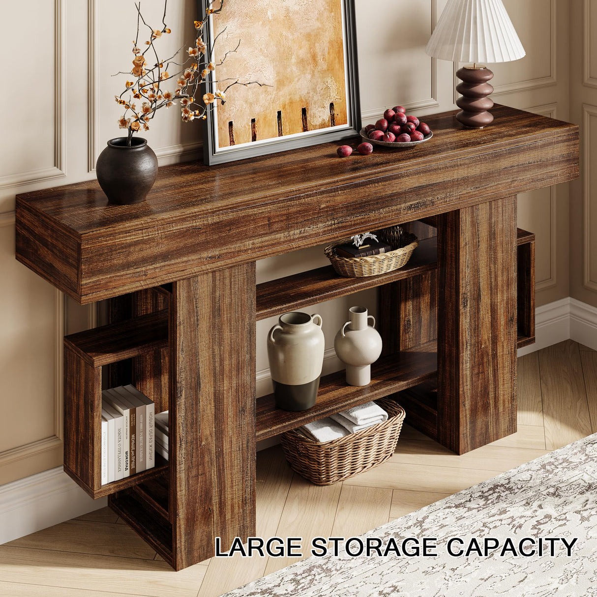 Einhomn 63 Inch Long Console Table for Entryway, Farmhouse Wooden Sofa Table Behind Couch with 3-Tier Storage Shelf, Narrow Entry Accent Table for Living Room, Hallway, Foyer, Rustic Brown Einhomn