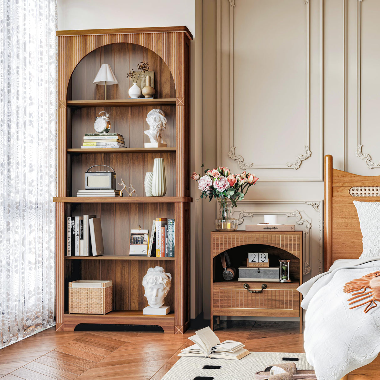 FurSch 71” Tall Arched Bookshelf,Wooden 5 Tier Fluted Book Shelves with Adjustable Shelf,Arched Bookcase Bookshelf for Living Room Home Office FurSch