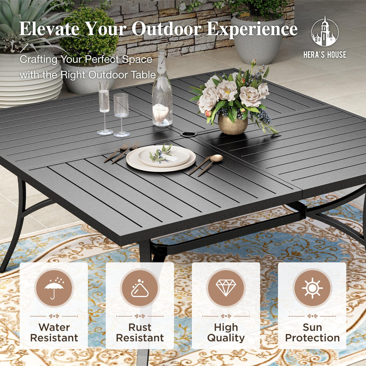 HERA'S HOUSE 9 Pieces Patio Dining Set, Outdoor Table and Chairs Set for 8, 8 x Brown Textilene Dining Chair and 60" Square Metal Dining Table, Outdoor Dining Sets for Lawn Garden Backyard Deck HERA'S HOUSE