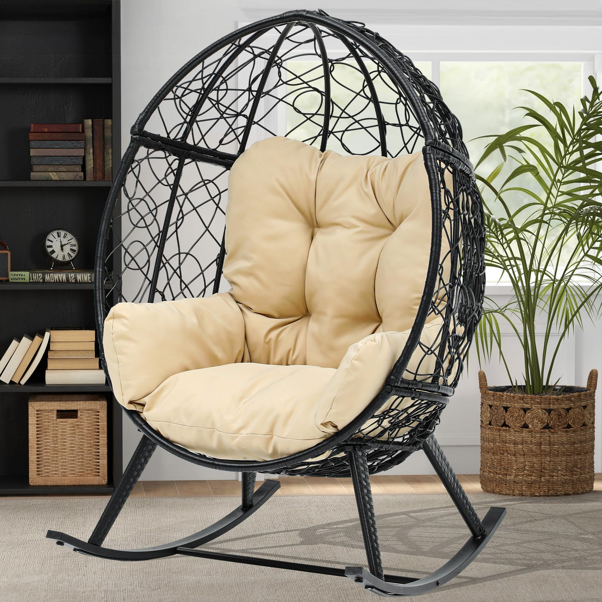 DWVO Wicker Rocking Egg Chair, Oversized Indoor Outdoor Rattan Rocking Chair, Indoor Outdoor Lounger for Patio, Backyard, Living Room, Black & Beige DWVO