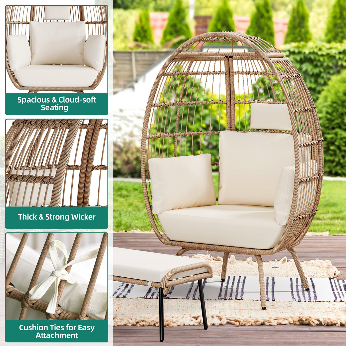 DWVO Rattan Egg Chair with Ottoman, Indoor Outdoor Egg Shape Wicker Chair for Patio, Backyard, Living Room, Basket Chair w/Footrest, 5 Cushions, 450lb Capacity, 38in Width, Steel Frame (Beige) DWVO