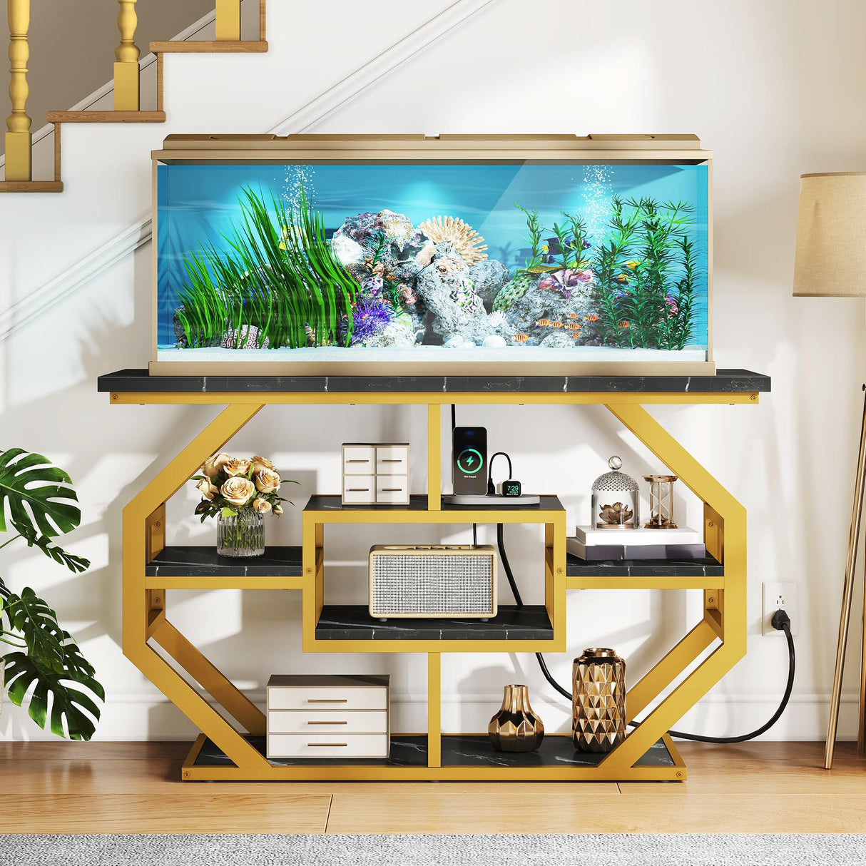 DWVO 55-75 Gallon Aquarium Stand with Power Outlet, Display Stand for Turtle Tank, Reptile Terrarium, Metal Fish Tank Stand Suitable for Living Room, Entryway, 860LBS Capacity, Black & Gold DWVO