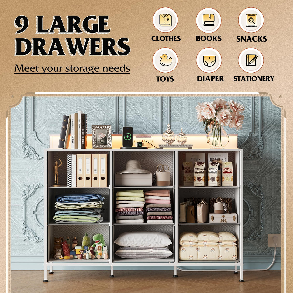 WLIVE Dresser TV Stand for 55 inch, Led Dresser for Bedroom, White Dresser for Bedroom with LED Lights and Charging Station, Chest of Drawers, 9 Fabric Dresser Drawers, Wood Top, Living Room, Closet WLIVE