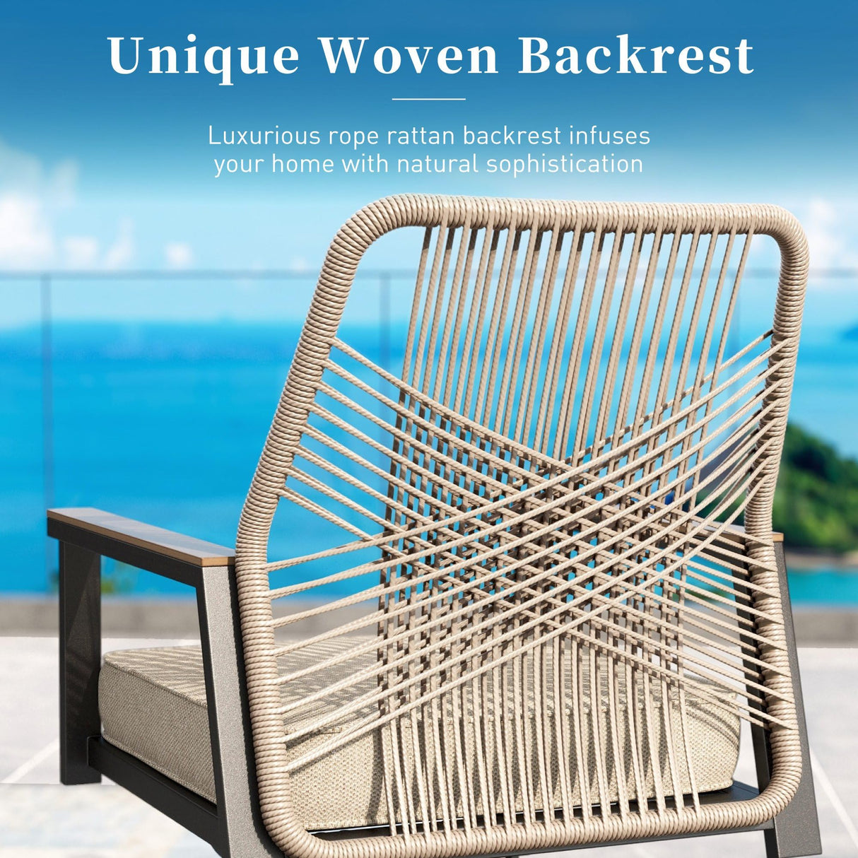 9 Pieces Patio Dining Set, 8 x Woven Rattan Chairs with Waterproof Cushion, 83" Rectangular Metal Dining Table with Umbrella Hole, Outdoor Table and Chairs Set for Backyard Lawn and Deck, Beige SUNSHINE VALLEY