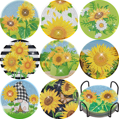 8 Pieces Sunflower Diamond Art Painting Coasters DIY 5D Full Drill Coasters Acrylic Round Cup Coaster with Holder Cork Pads for Spring Summer Party Home Decor DIY Crafts