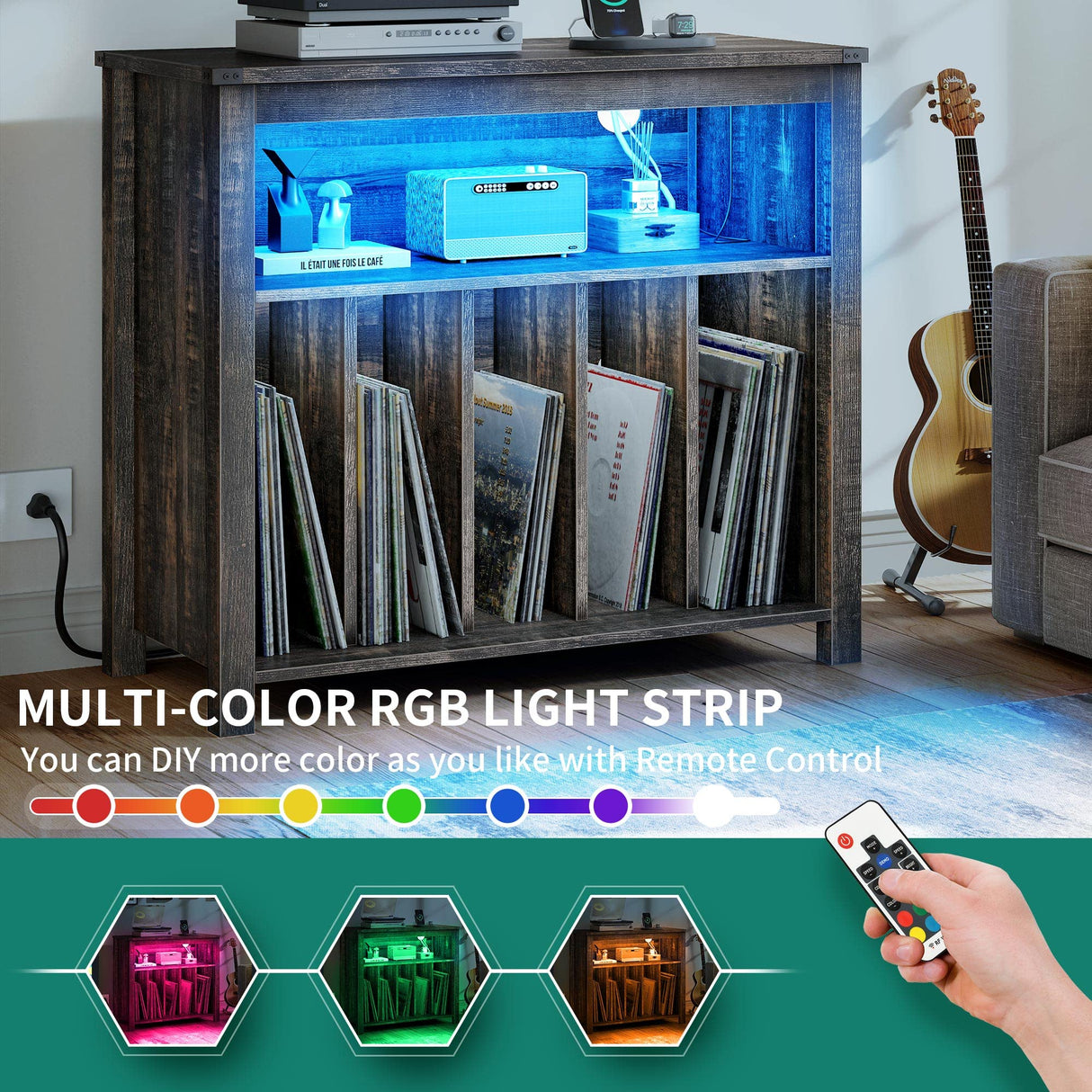 YITAHOME Large Record Player Stand with Power Outlets & LED Lights, Vinyl Record Storage Table with Display Shelf Holds Up to 120 Albums, Turntable Stand for Living Room, Bedroom, Dark Rustic Oak YITAHOME