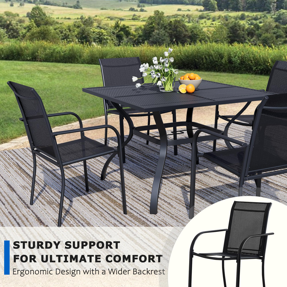 Seekverse 5-Piece Outdoor Dining Set, Square Metal Table with 4 Black Chairs, Black Patio Table with Umbrella Hole for Garden, Yard, Patio Seekverse