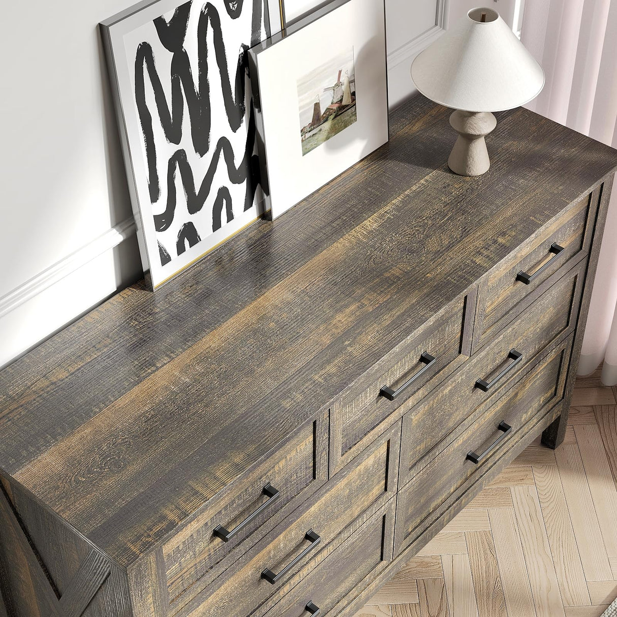 BAZELOR Farmhouse 7 Drawers Dresser for Bedroom, Wood Rustic Wide Chest with Natural Texture, Farmhouse Chest of Drawers for Bedroom, Hallway, Entryway, Dark Brown BAZELOR