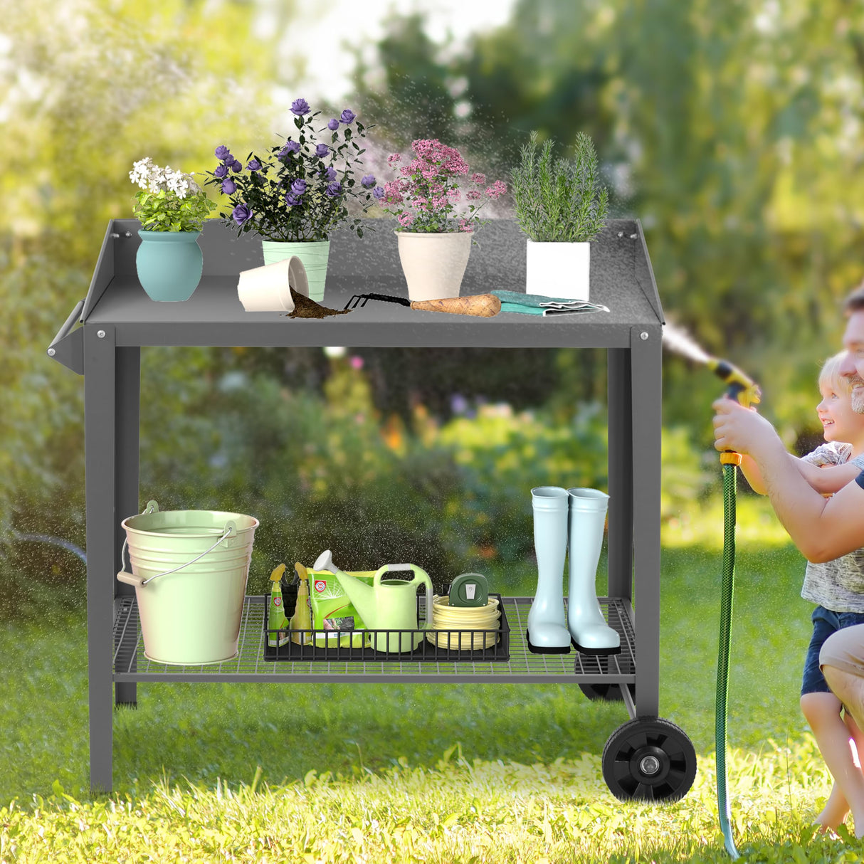 Outdoor Metal Potting Bench with Wheels, Heavy Duty Garden Workbench Table with Storage Shelf (Dark Gray, 36"x38.8") DDK