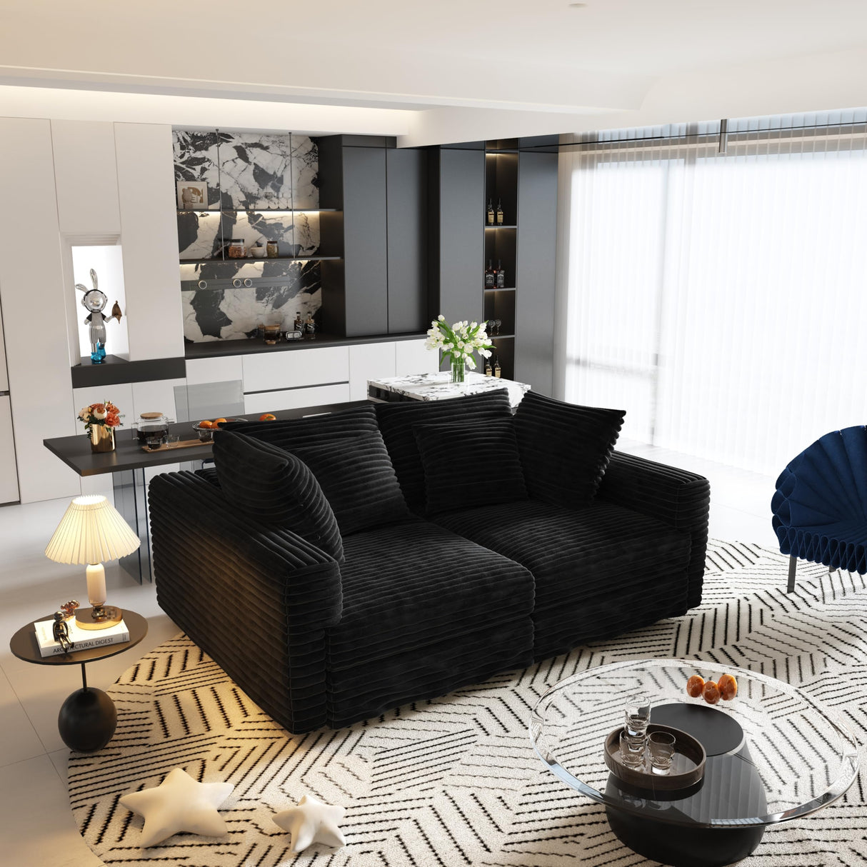 Tabaray 102.4" Oversized Cloud Couch, Convertible 4 Deep Seat Foam Sofa Couch, 2 in 1 Plush Corduroy Sofa with 6 Soft Pillows, Modern Modular Sectional Couches for Living Room, Apartment, Black Tabaray