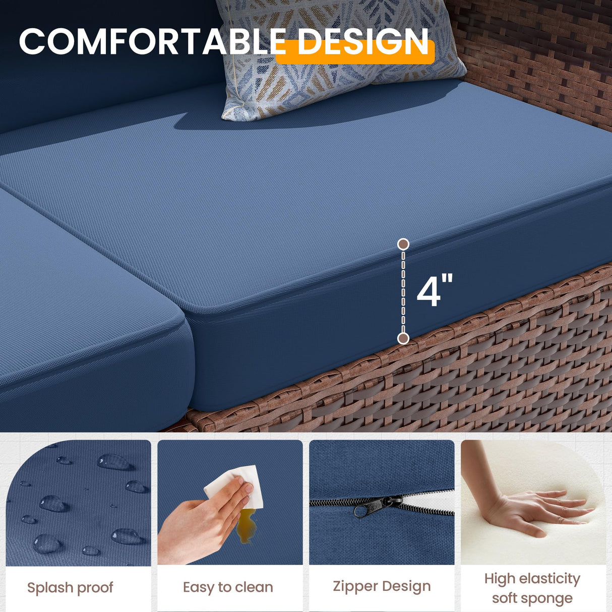 UDPATIO Patio Furniture Set, Modular Outdoor Sectional with 105°Slanted Back, 10 Pieces Rattan Conversation Set for Poolside, Backyard, Deck, with Coffee Table, Waterproof Cover, Blue UDPATIO