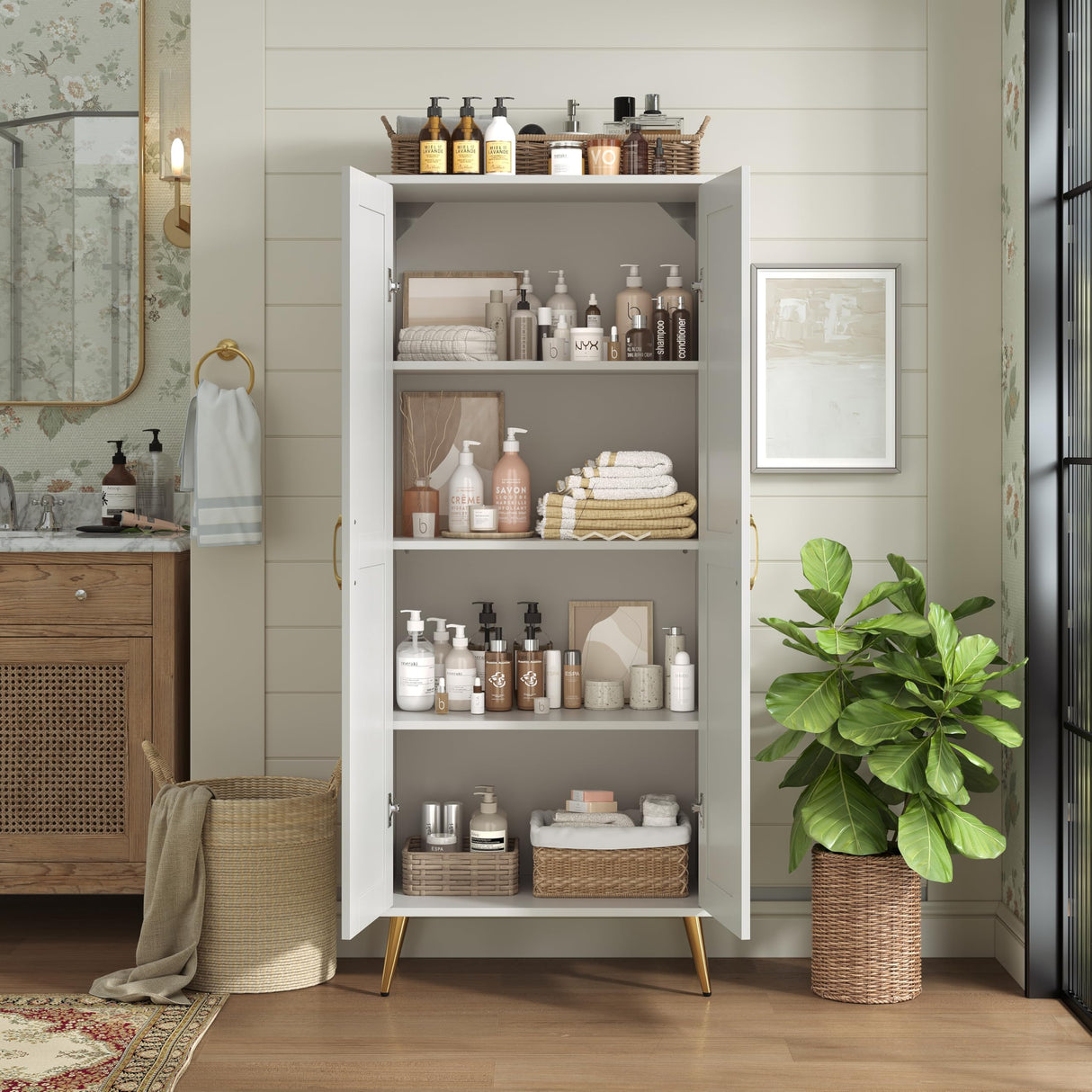 JASIWAY 57" Tall Storage Cabinet with 2 Rattan Doors, Wooden Floor Cabinet with Adjustable Shelves for Bathroom/Kitchen/Living Room, Freestanding Pantry, Metal Handle, Anti-Tipping Device, White JASIWAY