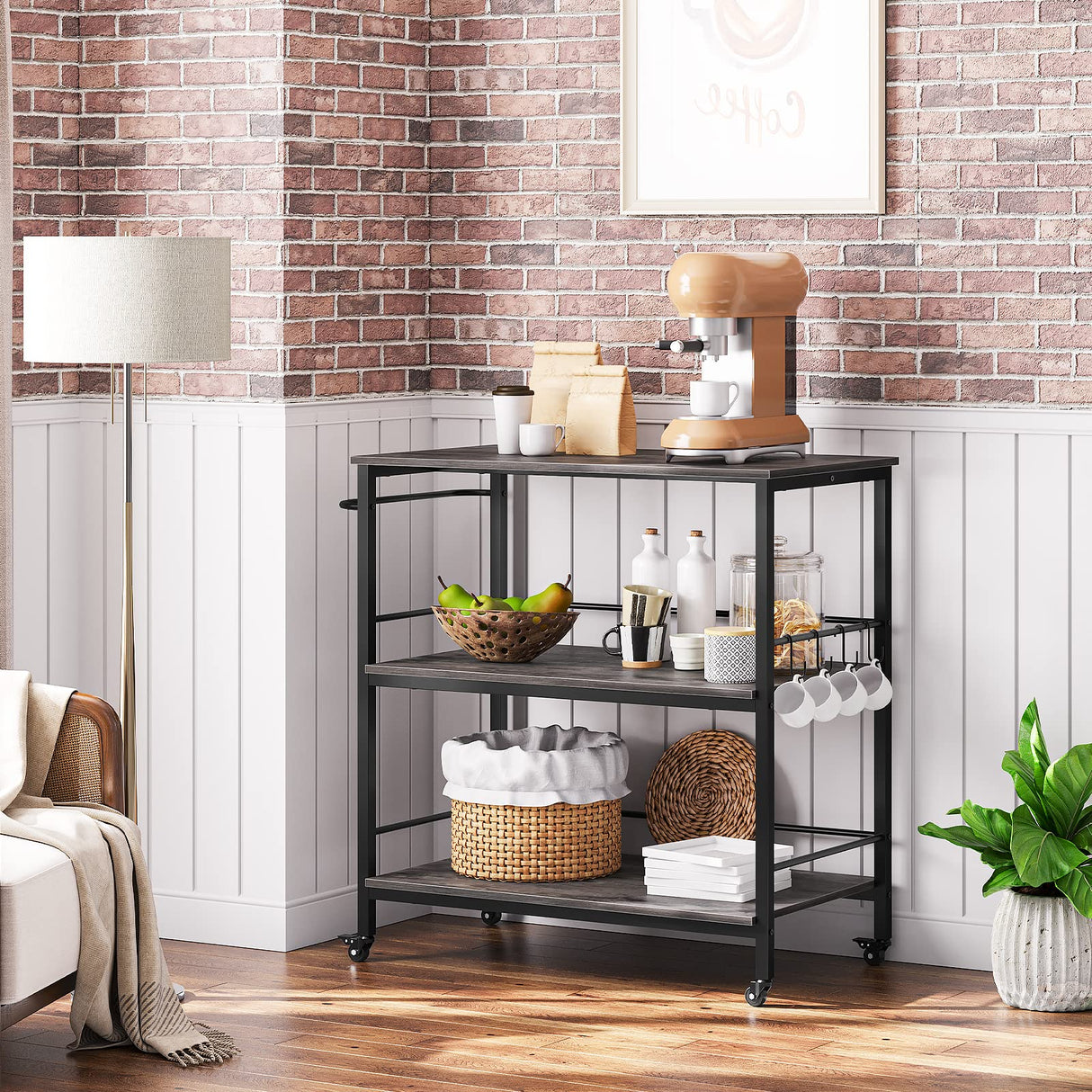 HOOBRO Kitchen Island with Storage,Industrial Kitchen Island on Wheels and Side Enclosures, 3 Tier Kitchen Cart with Large Workstation, Stable, Easy Assembly, Charcoal Gray and Black BC03ZD01 HOOBRO