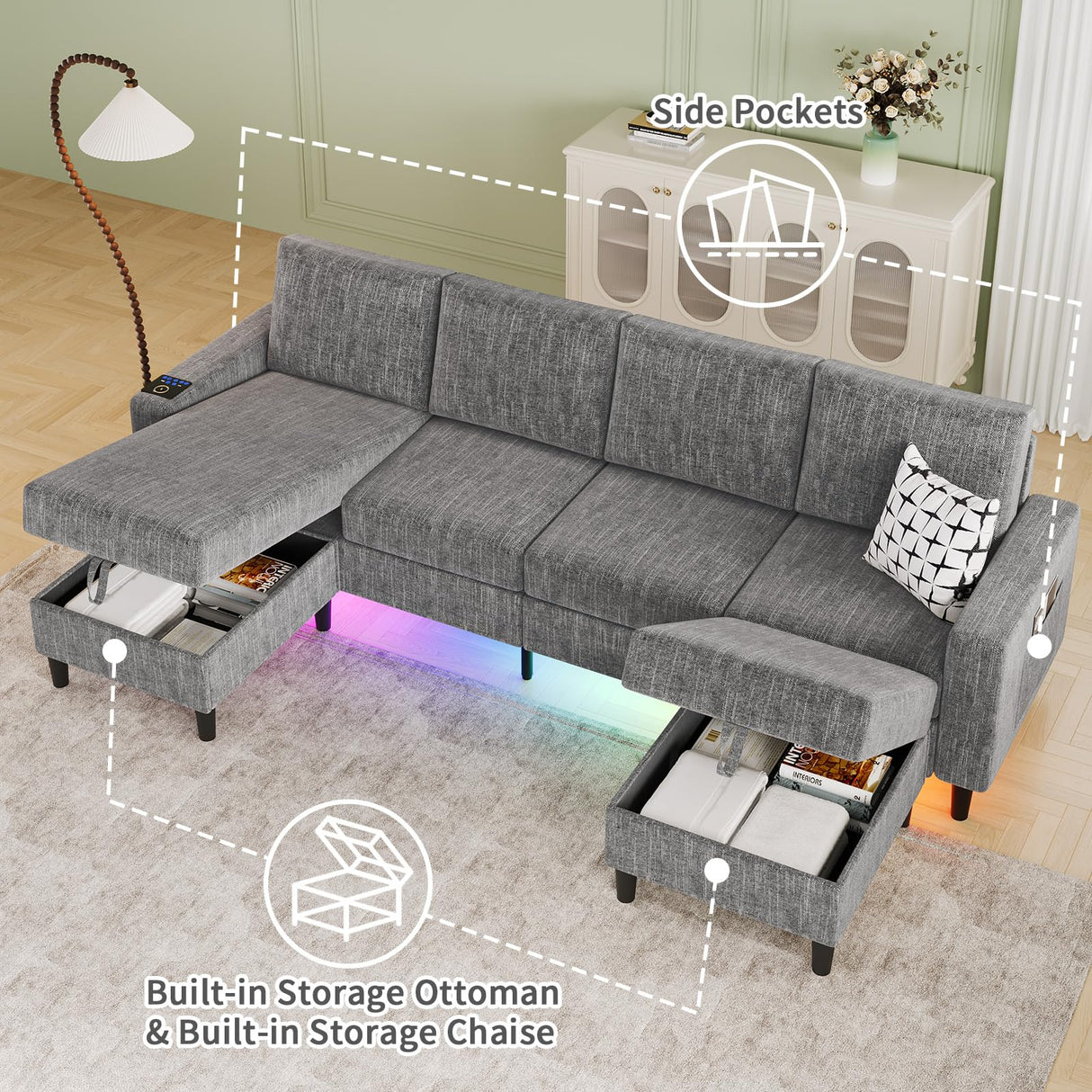 Sectional Couches for Living Room, 6-Seats Soft Linen Fabric Sectional Sofa with Storage Ottoman, Modern Convertible U/L Shaped Couch with Smart Charging Module/LED Light/Music Sync (Light Grey) BULAIMEIKEEY