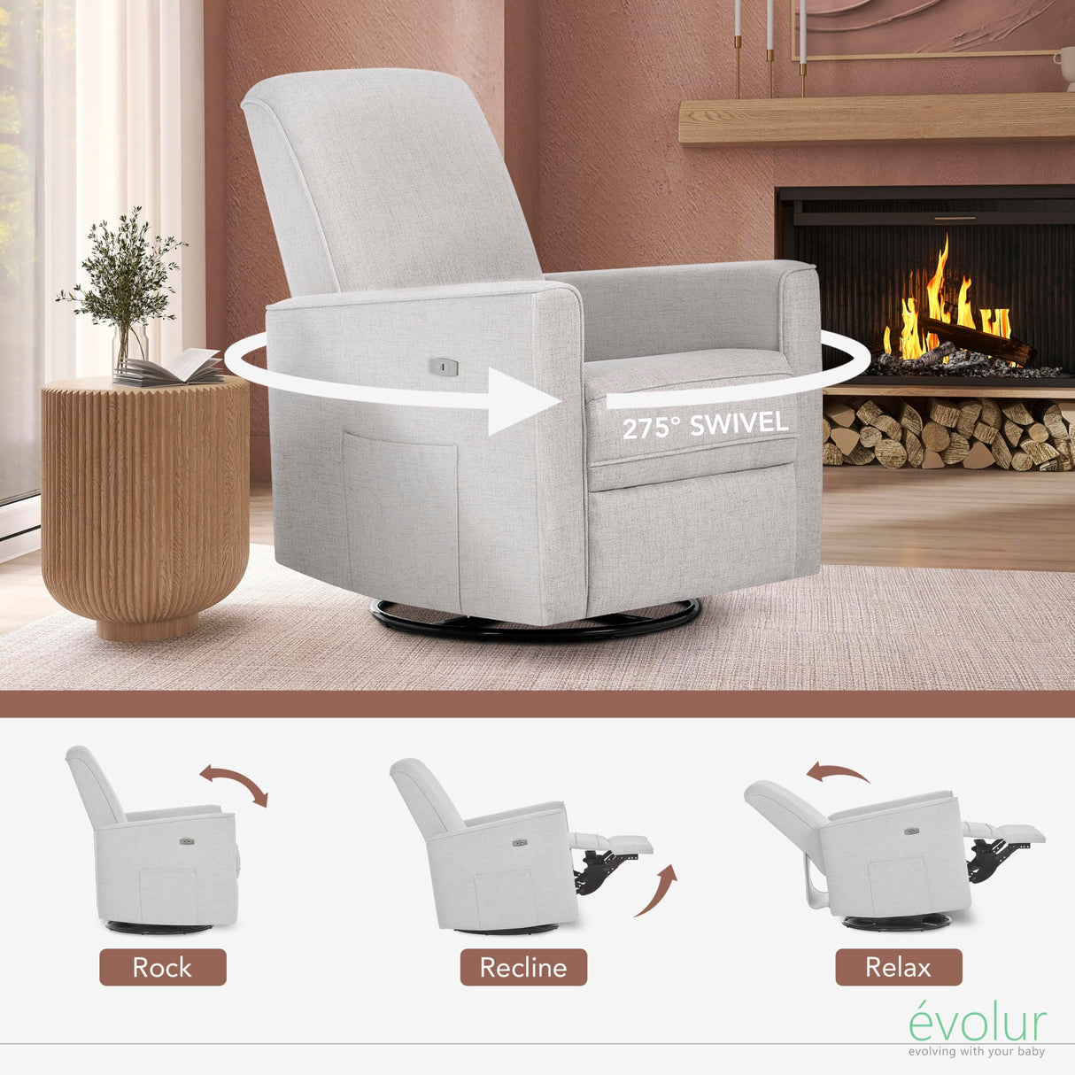 Evolur Harlow Upholstered Power Glider Recliner with USB Charging – Rocking & 360° Swivel with Smooth Glide – Greenguard Gold & FSC Certified – Modern Nursery and Living Room Chair in Fog Evolur